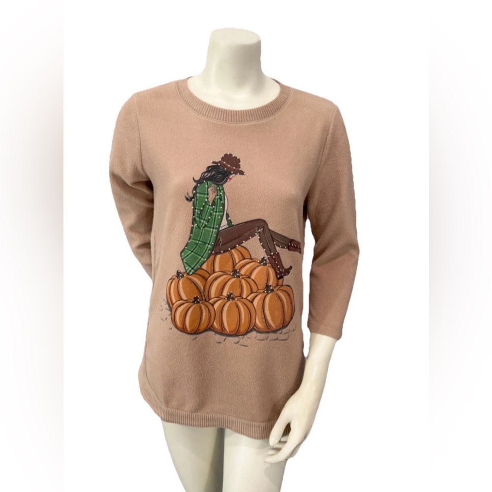 Kiss & Fly Fall Pumpkin Sweater Women’s M Beige Autumn Graphic Pullover